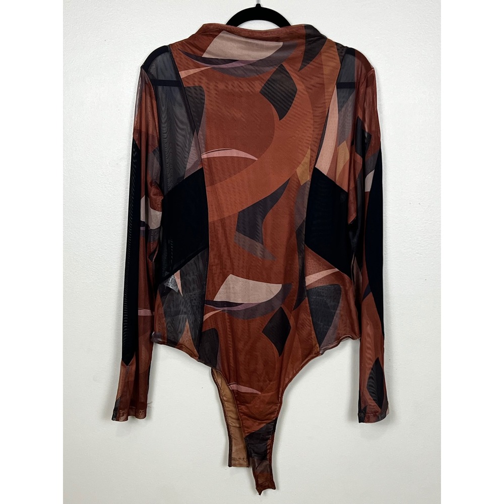 Akira Women 1X Abstract Geometric Mesh Long Sleeve Bodysuit Brown JLM121610 - Picture 2 of 7